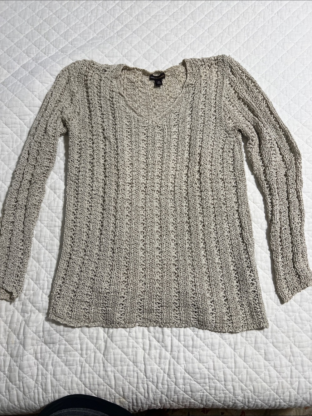Dana Buchman Beige Open-Knit V-Neck Sweater